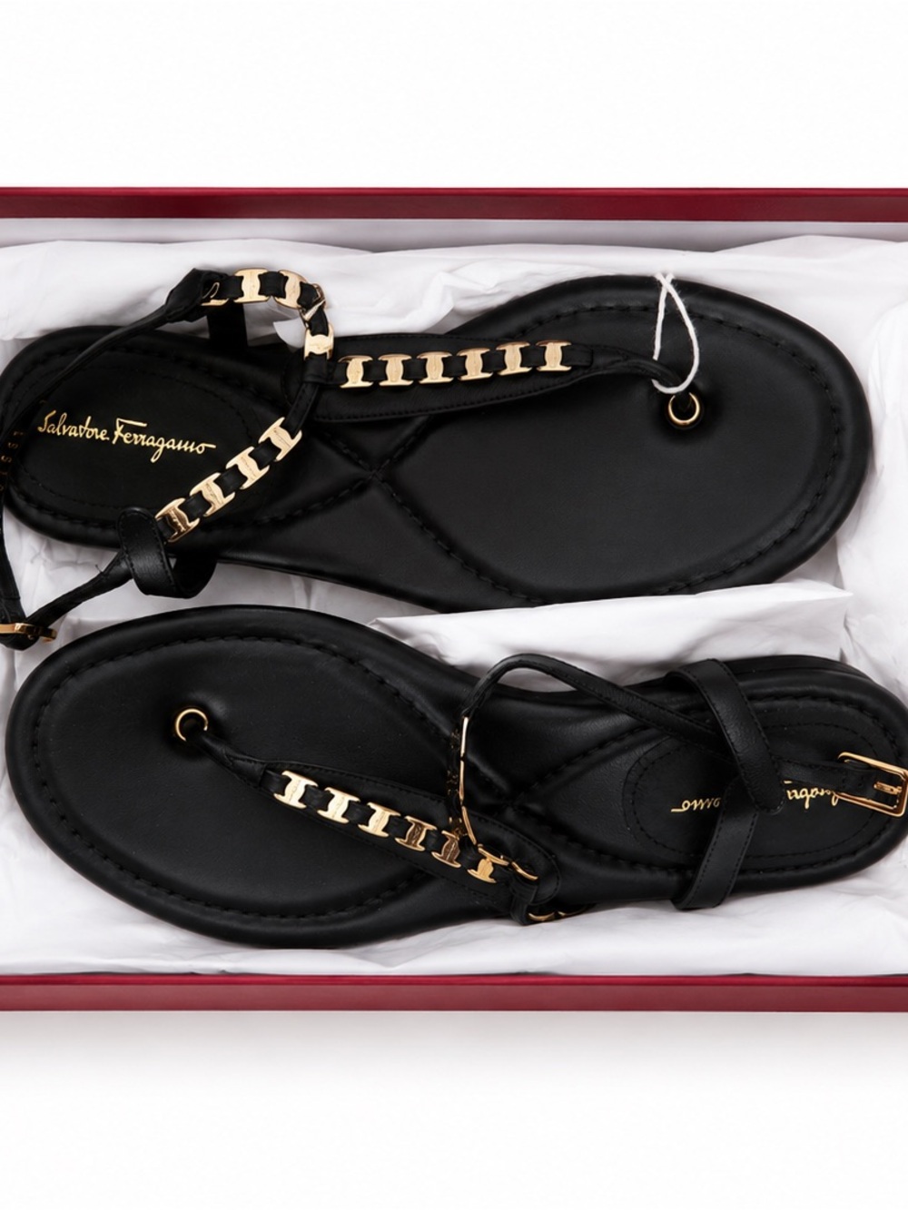 Salvatore Ferragamo Black Leather T-Strap Sandals with Gold Chain Detail